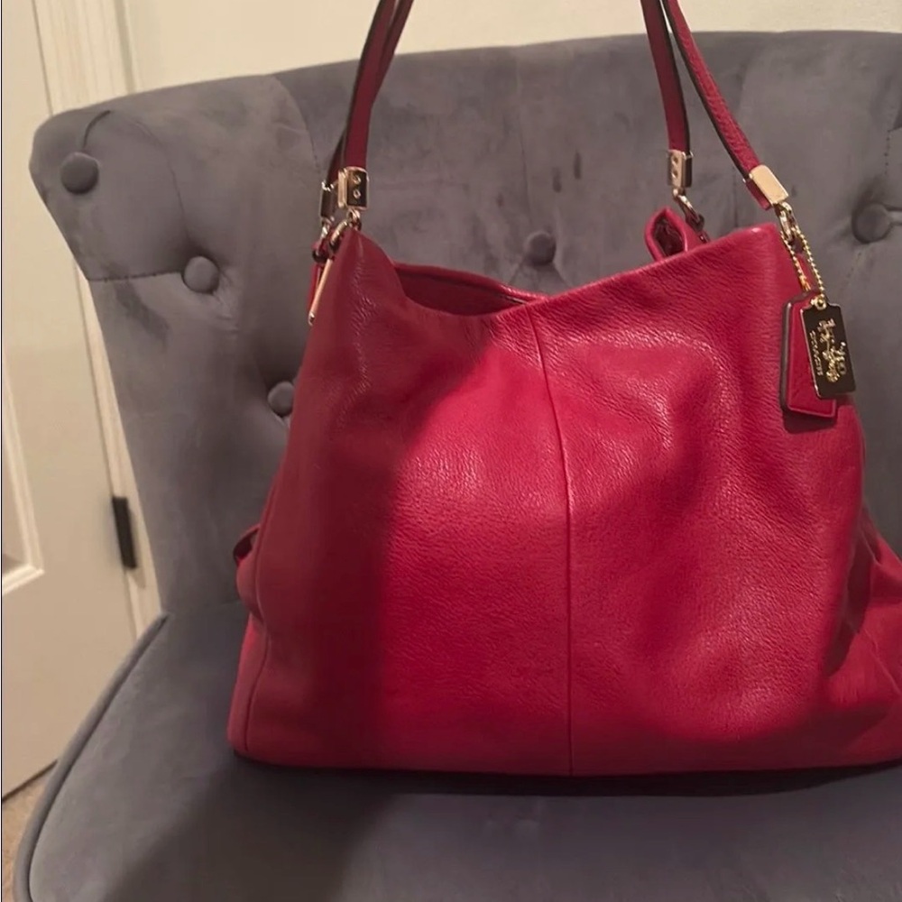 Coach Red Leather Hobo Bag with Gold Accents